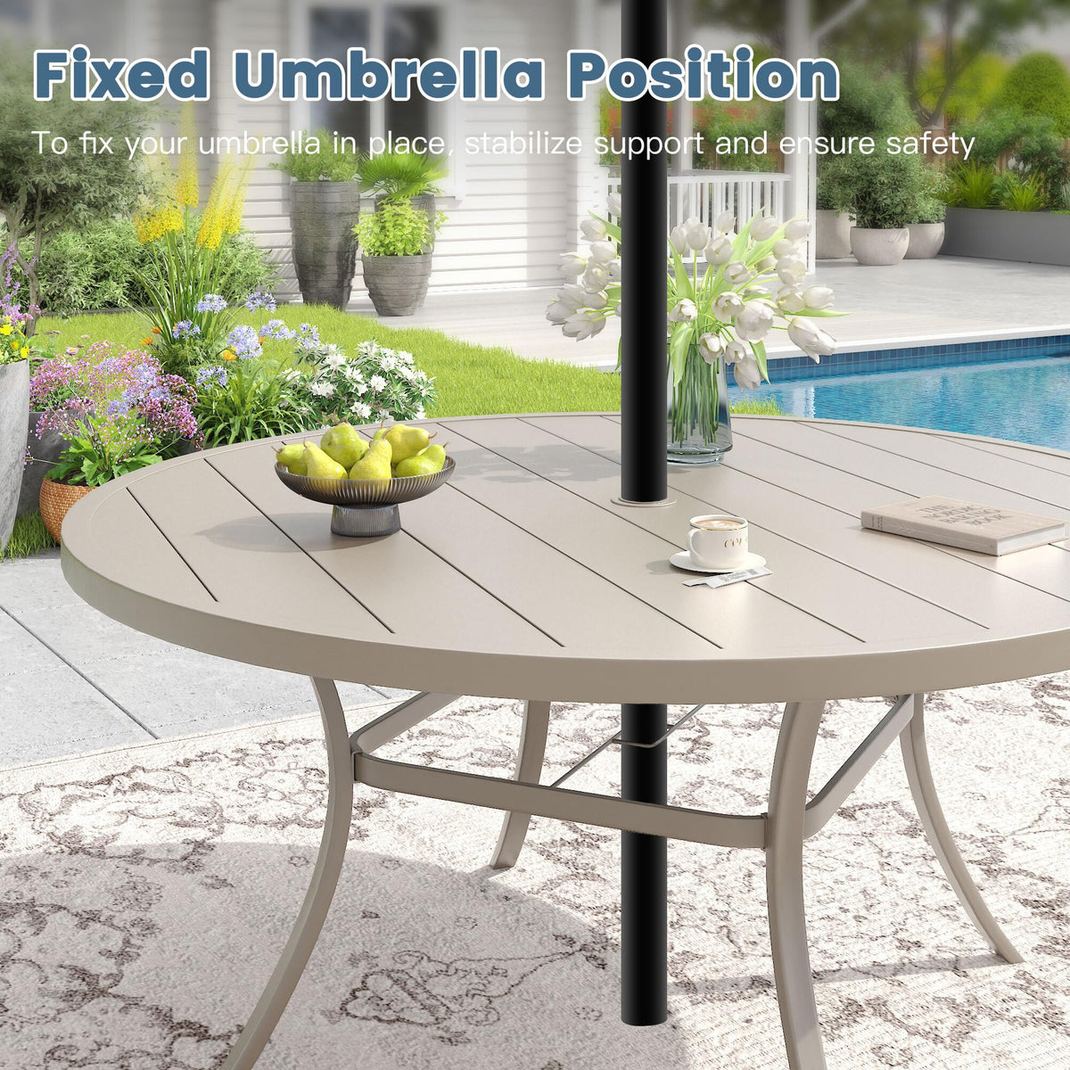 DIFY Outdoor Dining Set for 6, Swivel Chairs & Round Table, Sandshell| High-back Swivel Textilene Patio Dining Chairs, 53" Round Metal Dining Table, Umbrella Hole, For Garden Backyard Deck