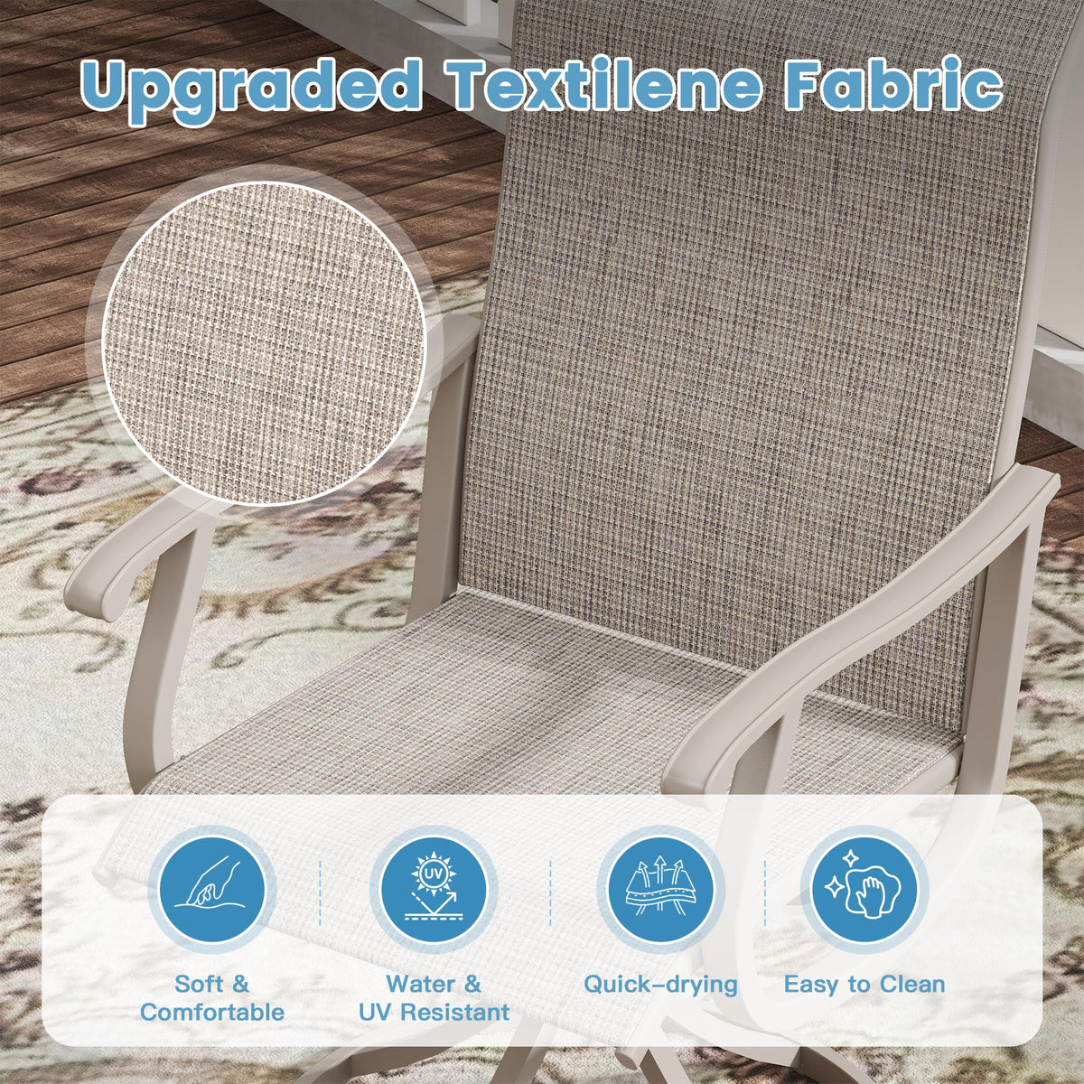 DIFY Outdoor Dining Set for 6, Swivel Chairs & Round Table, Sandshell| High-back Swivel Textilene Patio Dining Chairs, 53" Round Metal Dining Table, Umbrella Hole, For Garden Backyard Deck
