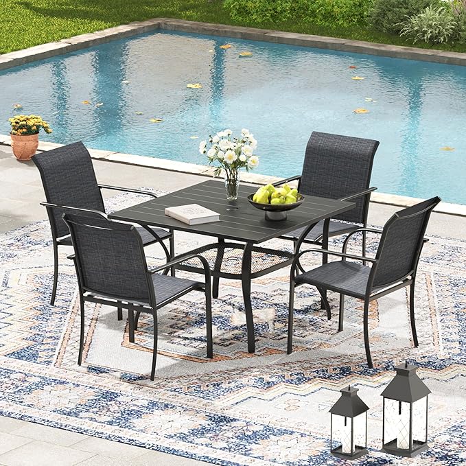 Patio Table and Chairs Set for 4, Outdoor Dining Set with 4 Stackable Dining Chairs and 37.8" x 37.8" Square Metal Dining Table for Backyard, Deck, Lawn, Garden, Grey & Black