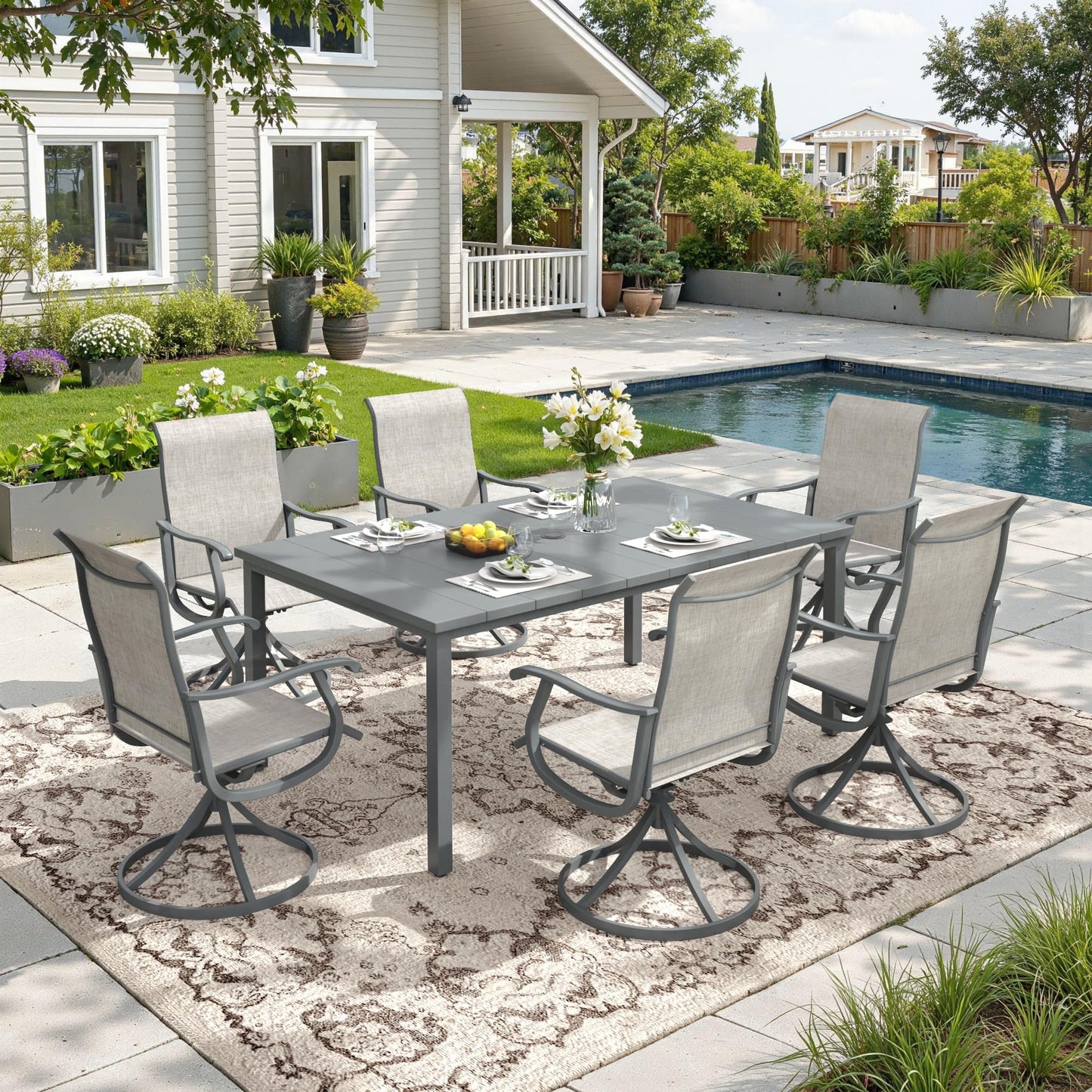 DIFY Outdoor Dining Set for 6, Swivel Chairs & Rectangle Table, Grey| High-back Swivel Textilene Patio Dining Chairs, 63" Rectangle Metal Dining Table, Umbrella Hole, For Garden Backyard Deck