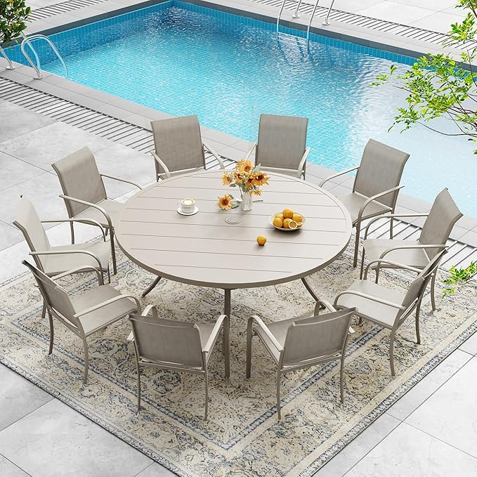 DIFY 11 Pieces Outdoor Patio Dining Set for 10, 60" Sandshell Round Metal Dining Table and 10 Sandshell Stackable Sling Dining Chairs, Outdoor Table and Chairs for Lawn Garden Backyard Deck