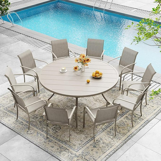 DIFY 11 Pieces Outdoor Patio Dining Set for 10, 60" Sandshell Round Metal Dining Table and 10 Sandshell Stackable Sling Dining Chairs, Outdoor Table and Chairs for Lawn Garden Backyard Deck