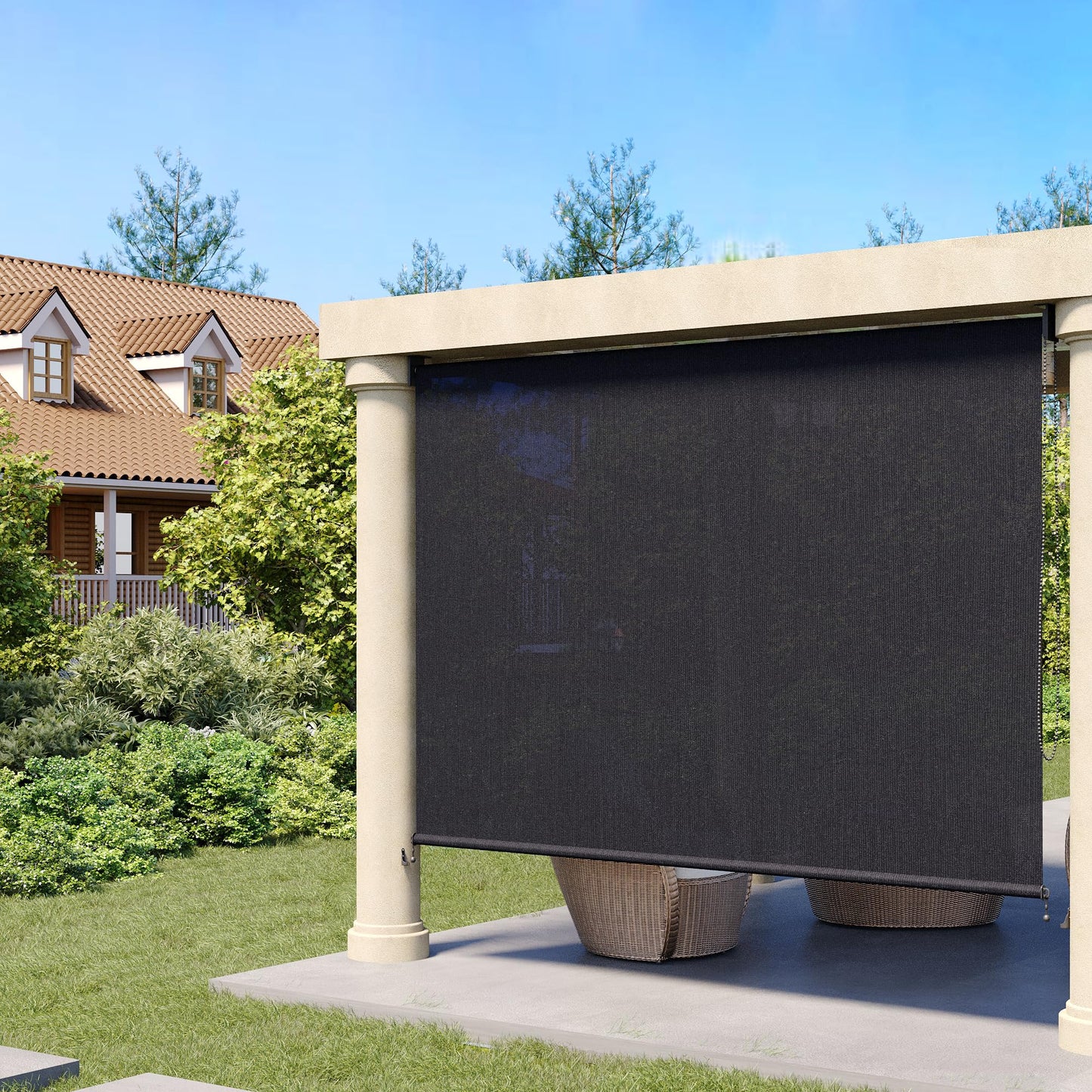 DIFY Outdoor Roller Shade Blinds, Exterior Roll Up Shade 10 * 8FT for Patio Yard Deck Porch, Chain Operation, Graphite