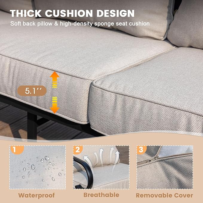 VICLLAX 5 Pieces Patio Furniture Set for 7, Outdoor Conversation Set Includes 3-seat Outdoor Sectional Sofa, 1 Patio Loveseat, 2 Swivel Patio Chairs and 2 Ottomans with Cushions for Garden, Beige