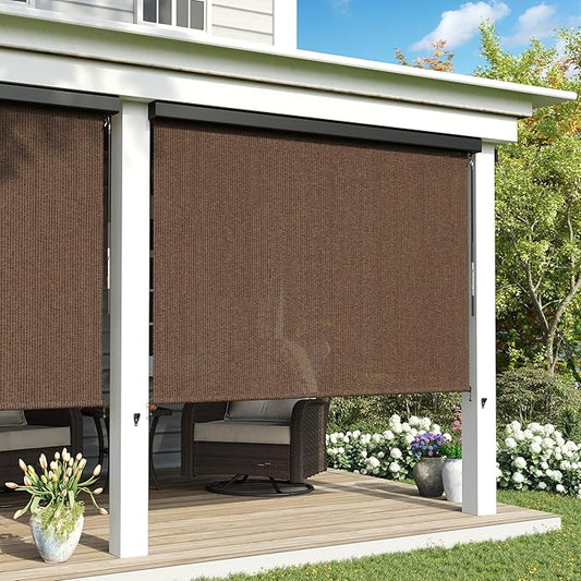 Outdoor Roller Shade, Exterior Patio Cordless Blinds with Aluminum Valance Roll Up Shades for Porch Balcony Backyard (4' W X 8' L), Mocha
