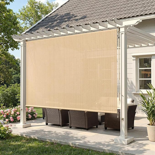 Outdoor Roller Shades (8' W X 8' L), Cordless Patio Blinds with Wand, 220 GSM Roll Up Shade for Porch Balcony Backyard, Wheat
