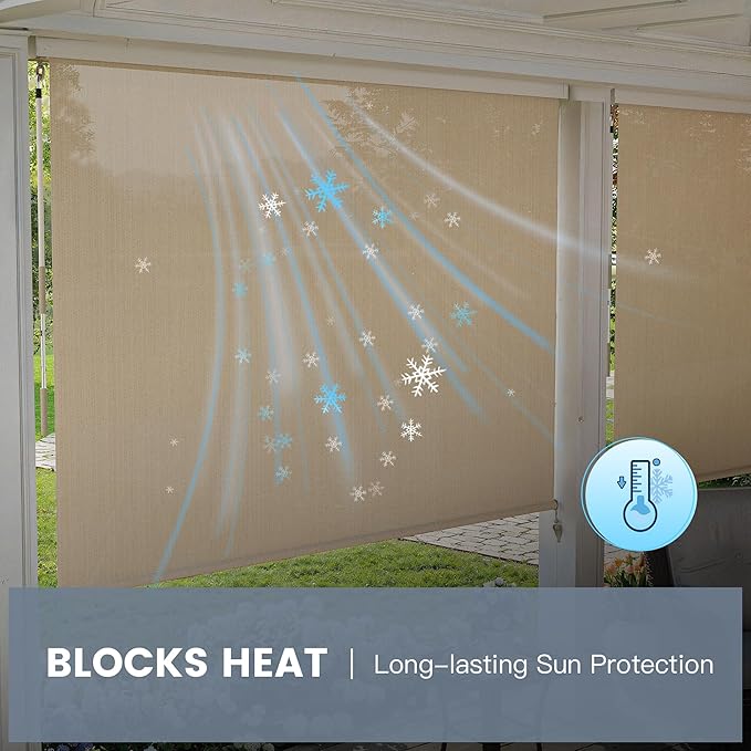 Outdoor Roller Shade, Exterior Patio Cordless Blinds with Aluminum Valance Roll Up Shades for Porch Balcony Backyard (4' W X 8' L), Wheat