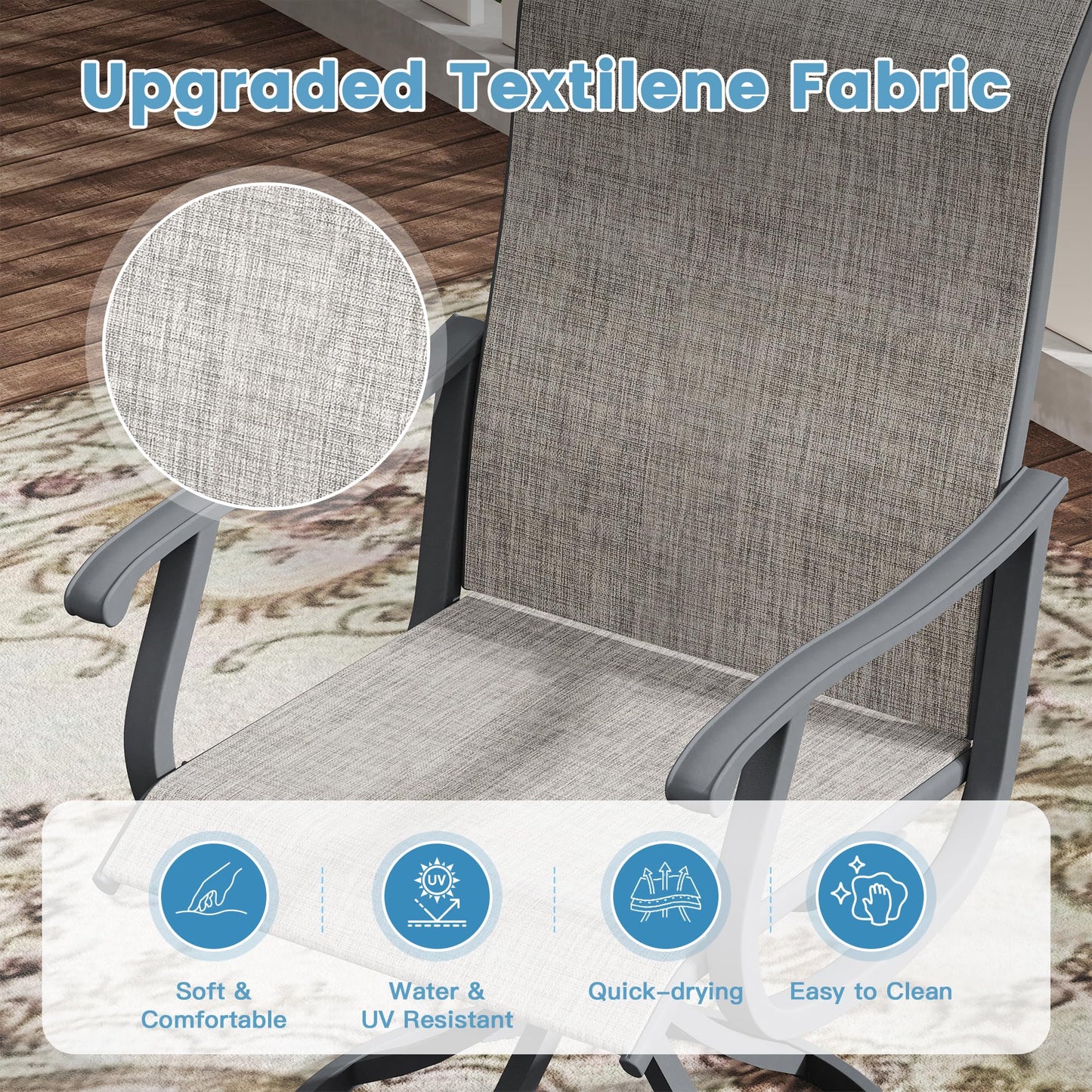DIFY Outdoor Dining Set for 6, Swivel Chairs & Rectangle Table, Grey| High-back Swivel Textilene Patio Dining Chairs, 63" Rectangle Metal Dining Table, Umbrella Hole, For Garden Backyard Deck