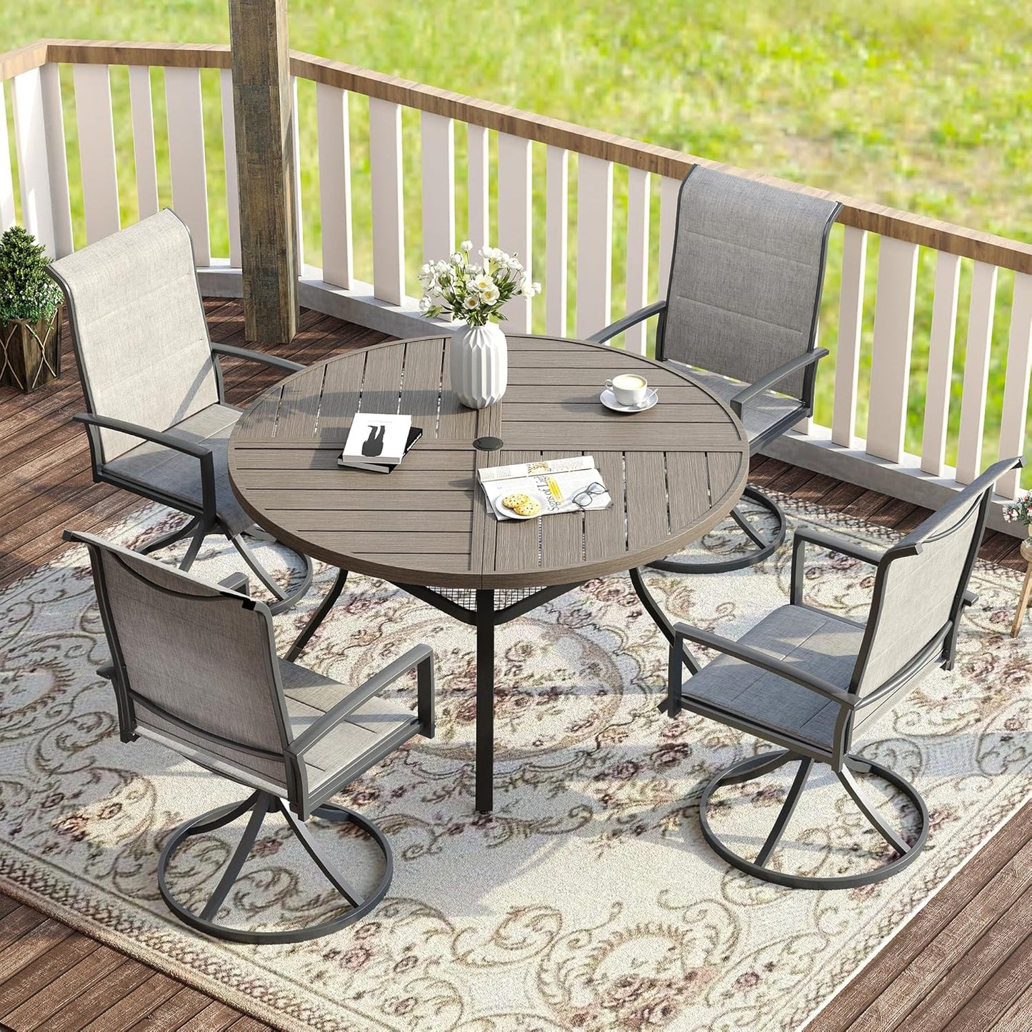 Vicllax 5 Pieces Outdoor Dining Set, 40.6" Metal Round Dining Table and Paddad Swivel Chairs