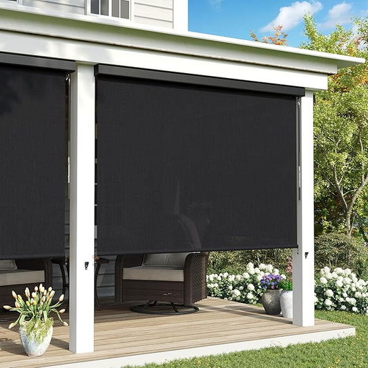 Outdoor Roller Shade, Exterior Patio Cordless Blinds with Aluminum Valance Roll Up Shades for Porch Balcony Backyard (4' W X 8' L), Graphite Black