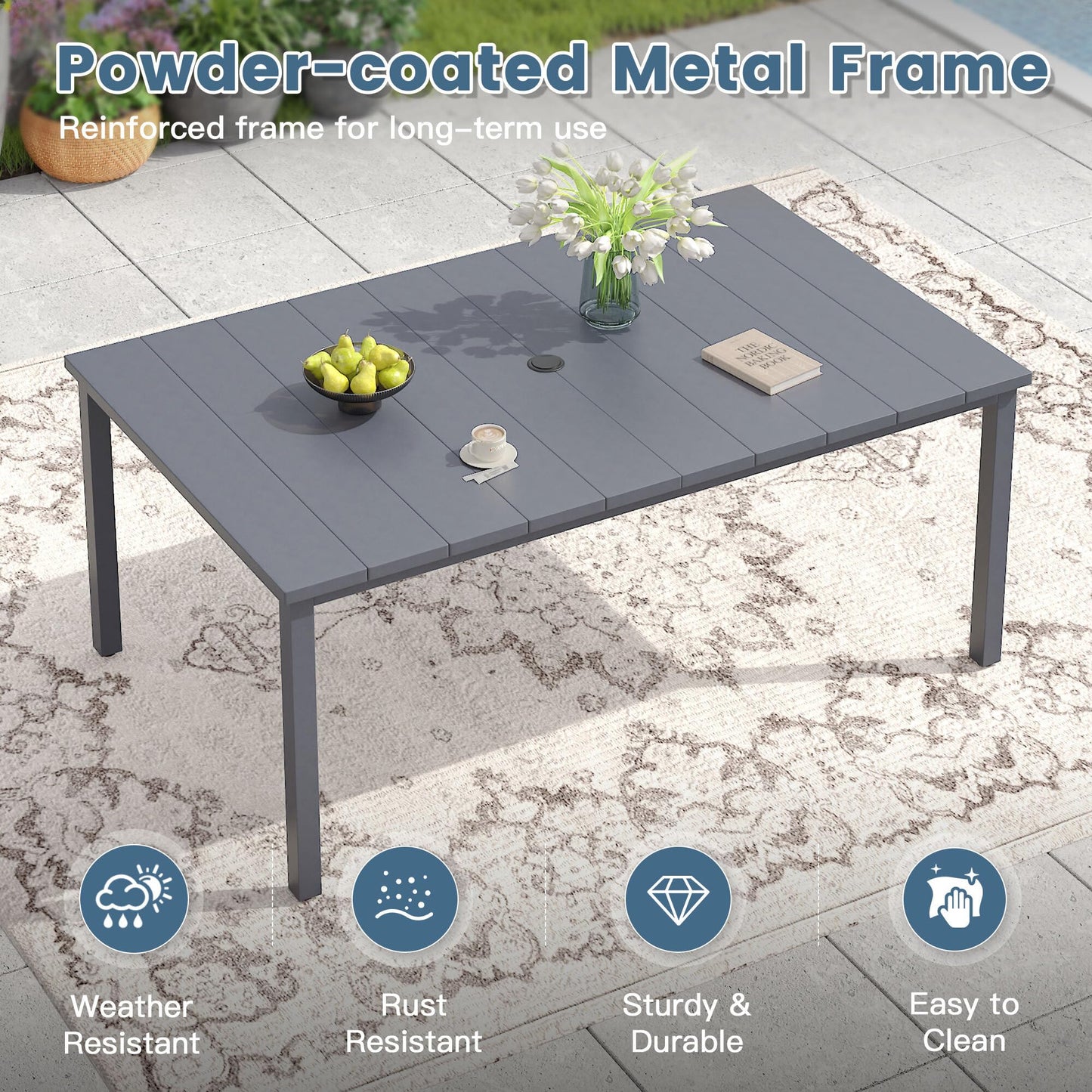 DIFY Outdoor Dining Set for 6, Swivel Chairs & Rectangle Table, Grey| High-back Swivel Textilene Patio Dining Chairs, 63" Rectangle Metal Dining Table, Umbrella Hole, For Garden Backyard Deck