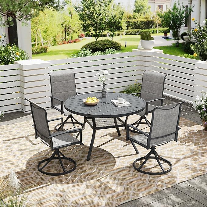 VICLLAX 5 Pieces Patio Dining Set, 4 Seats Patio Furniture Set Includes 40.6" Outdoor Round Table and 4 Swivel Patio Chair Set for Lawn Garden, Grey Tabletop and Fabric