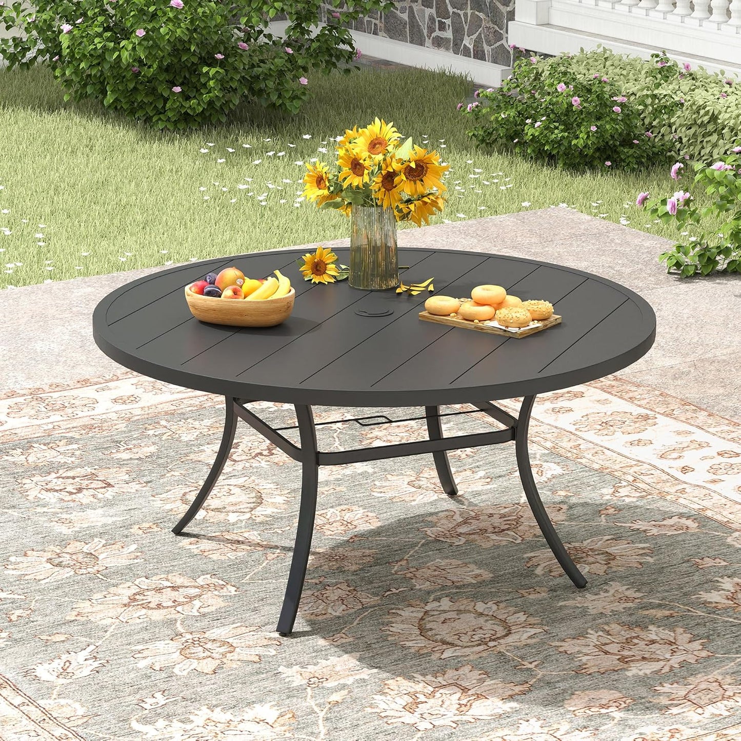 Patio Dining Table for 6, 53" x 53" Weather Resistant Round Outdoor Metal Dining Table with Umbrella Hole for Backyard Lawn Garden, Black Tabletop