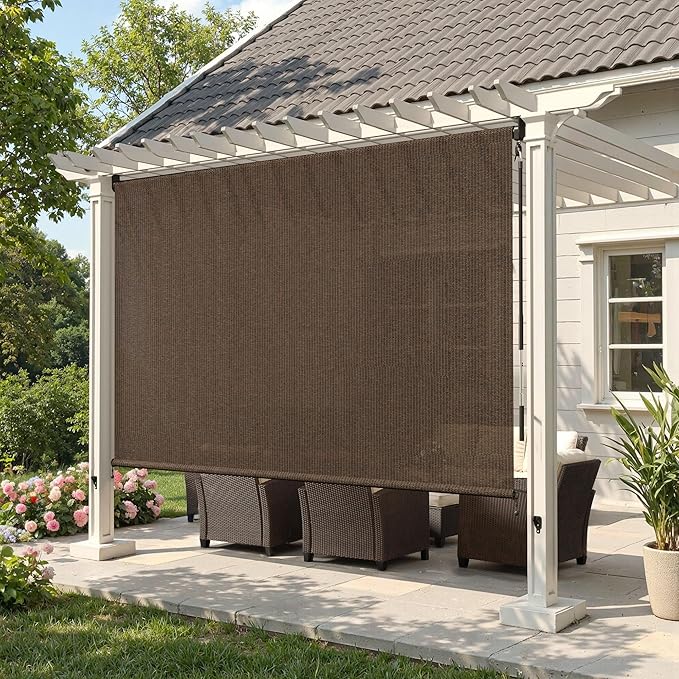 Outdoor Roller Shades (4' W X 6' L), Cordless Patio Blinds with Wand, 220 GSM Roll Up Shade for Porch Balcony Backyard, Mocha