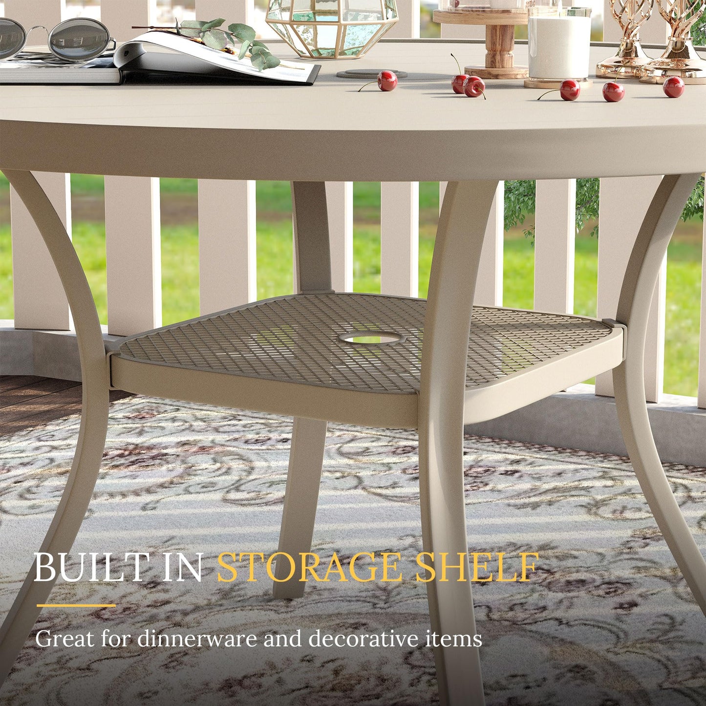 VICLLAX 47.2" Outdoor Round Patio Table for Lawn Garden, All Weather Metal Round Outdoor Dining Table with Adjustable Umbrella Hole, 6 Person Patio Table, Sandshell Tabletop