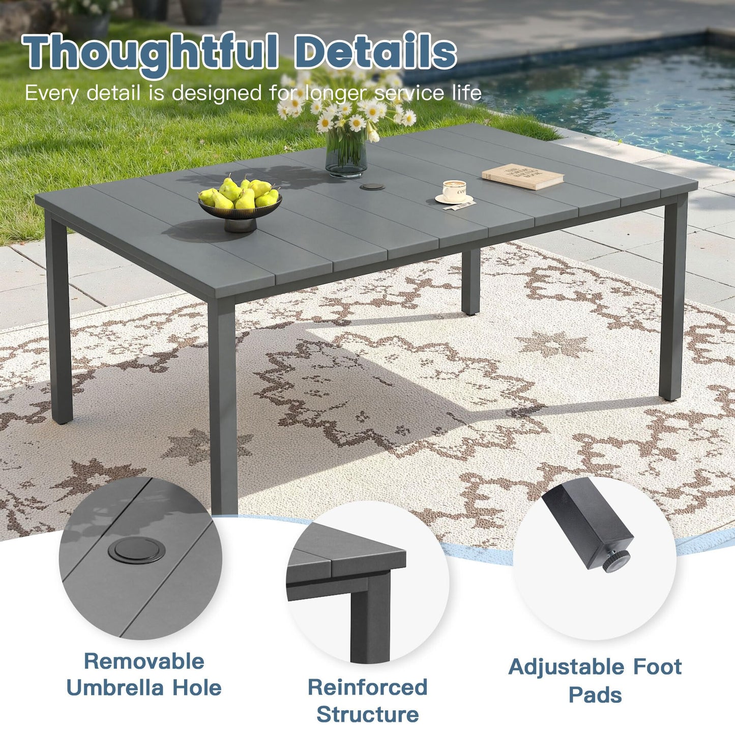 DIFY Outdoor Dining Set for 6, Swivel Chairs & Rectangle Table, Grey| High-back Swivel Textilene Patio Dining Chairs, 63" Rectangle Metal Dining Table, Umbrella Hole, For Garden Backyard Deck