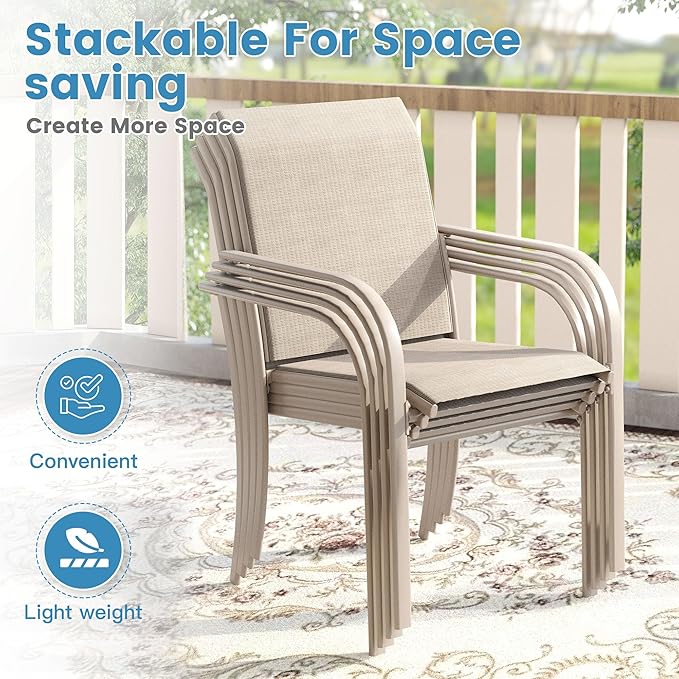 DIFY 11 Pieces Outdoor Patio Dining Set for 10, 60" Sandshell Round Metal Dining Table and 10 Sandshell Stackable Sling Dining Chairs, Outdoor Table and Chairs for Lawn Garden Backyard Deck