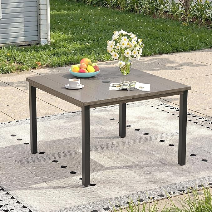 Outdoor Dining Table with Adjustable Umbrella Hole, 40.2" All-Weather Square Patio Dining Table for 4, Metal Patio Table for Garden Lawn Porch Deck Yard, Grey