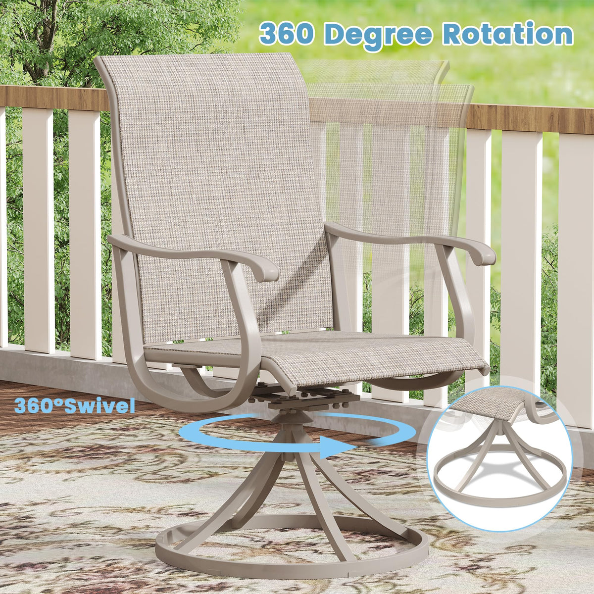 DIFY Outdoor Dining Set for 6, Swivel Chairs & Round Table, Sandshell| High-back Swivel Textilene Patio Dining Chairs, 53" Round Metal Dining Table, Umbrella Hole, For Garden Backyard Deck