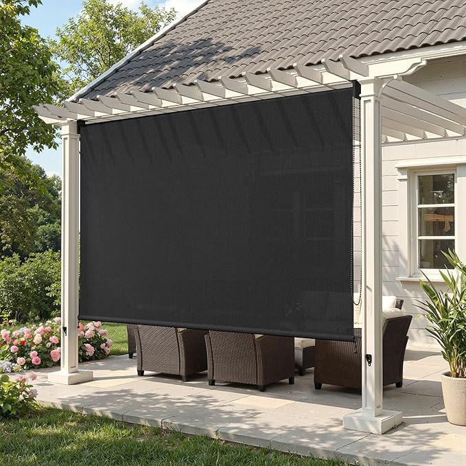 Outdoor Roller Shades (7' W X 8' L), Patio Blinds with Chain Clutch Operation, HDPE Roll Up Shade for Porch Patio Deck, Graphite Black