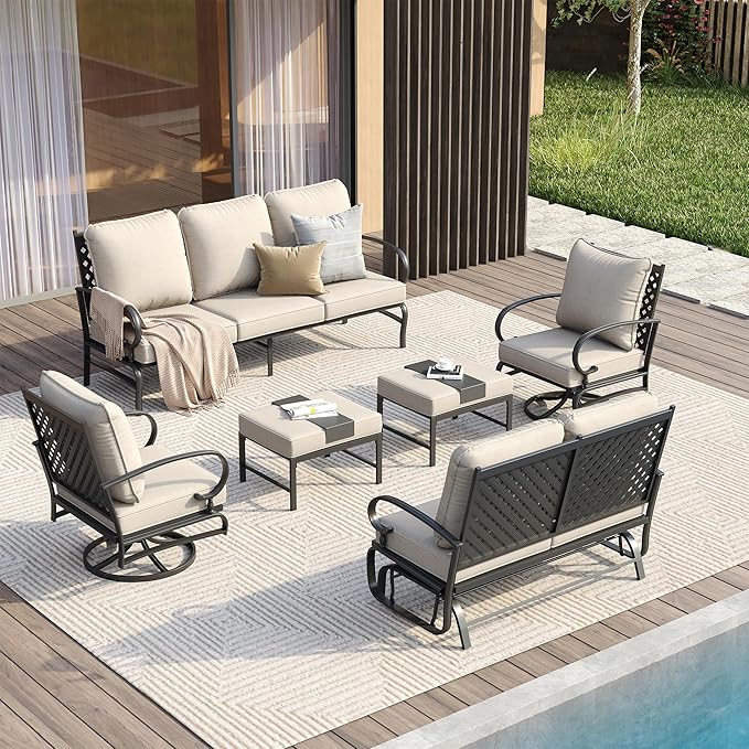 VICLLAX 5 Pieces Patio Furniture Set for 7, Outdoor Conversation Set Includes 3-seat Outdoor Sectional Sofa, 1 Patio Loveseat, 2 Swivel Patio Chairs and 2 Ottomans with Cushions for Garden, Beige