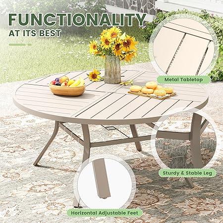 ARKOST Outdoor Patio Round Dining Table for 6, 50" x 50" Metal Sleek Slat Dining Table with Umbrella Hole for Lawn Garden Deck Backyard, Sandshell