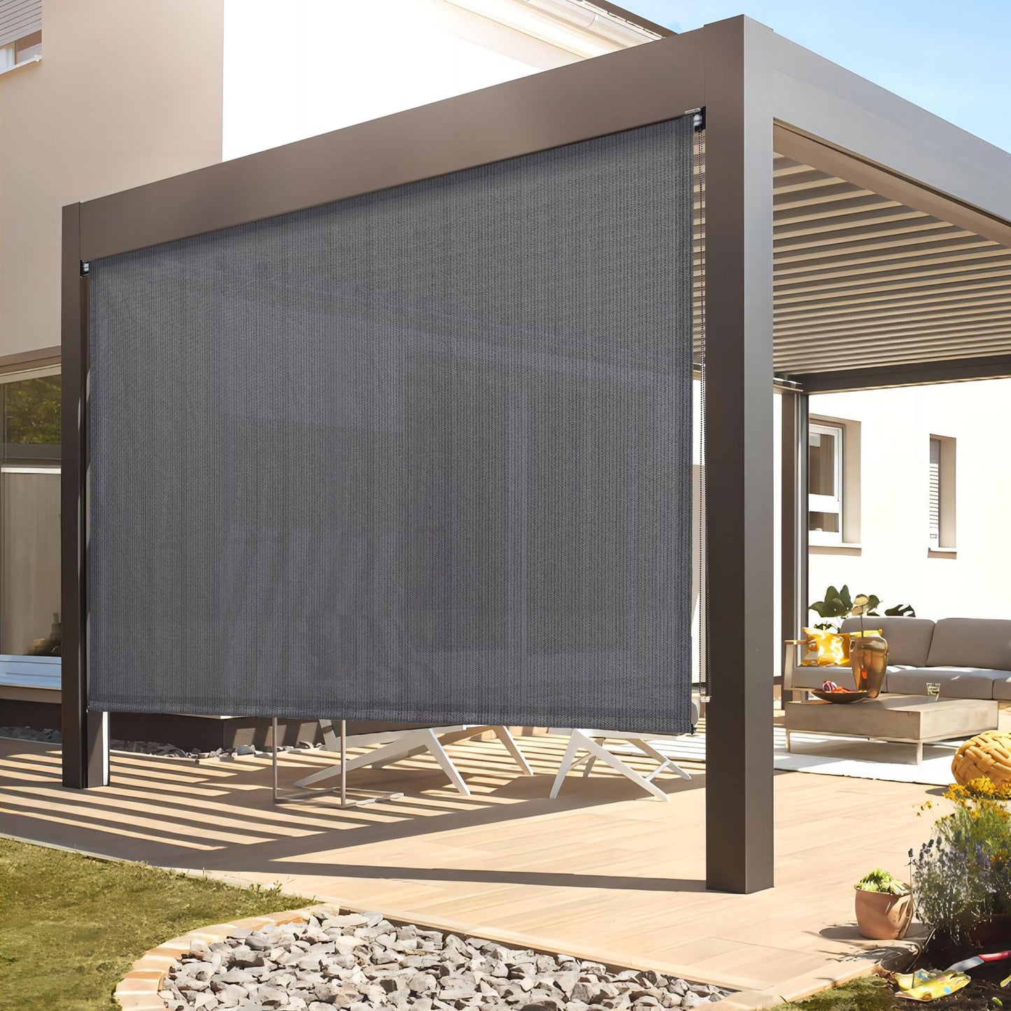 DIFY Outdoor Roller Shade Blinds Roll Up, Exterior Roller Shade Chain Operation 8 * 8FT for Patio Yard Deck Porch, Anthracite