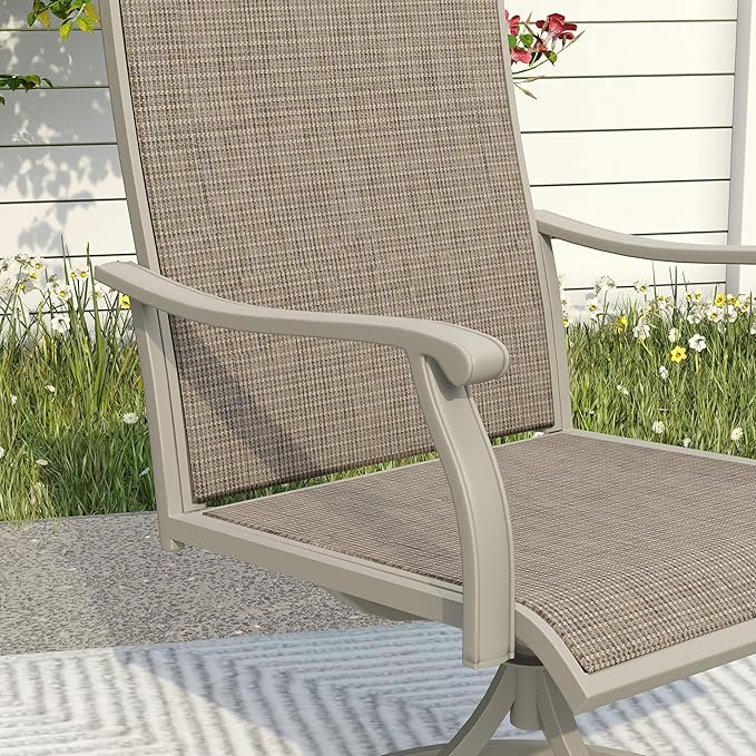 Patio Swivel Dining Chairs Set of 4, Outdoor Furniture Textilene High Back Lawn Chair with Armrests Metal Dinning Chairs for Garden, Porch, Backyard, Sandshell