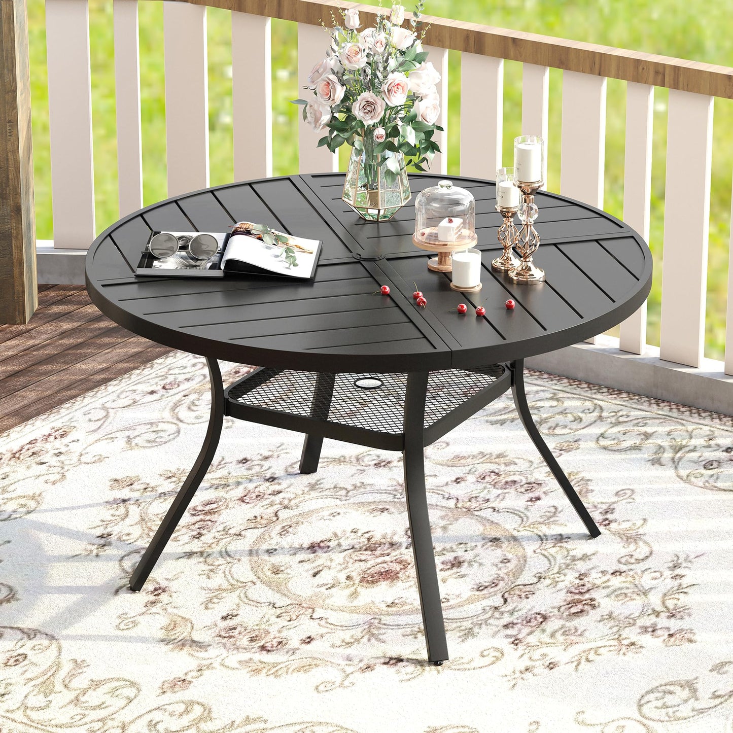 VICLLAX Round Patio Table with Adjustable Umbrella Hole for 4, All Weather Metal Outdoor Dining Table for Lawn Garden, 40.6" Outdoor Coffee Table, Black Tabletop