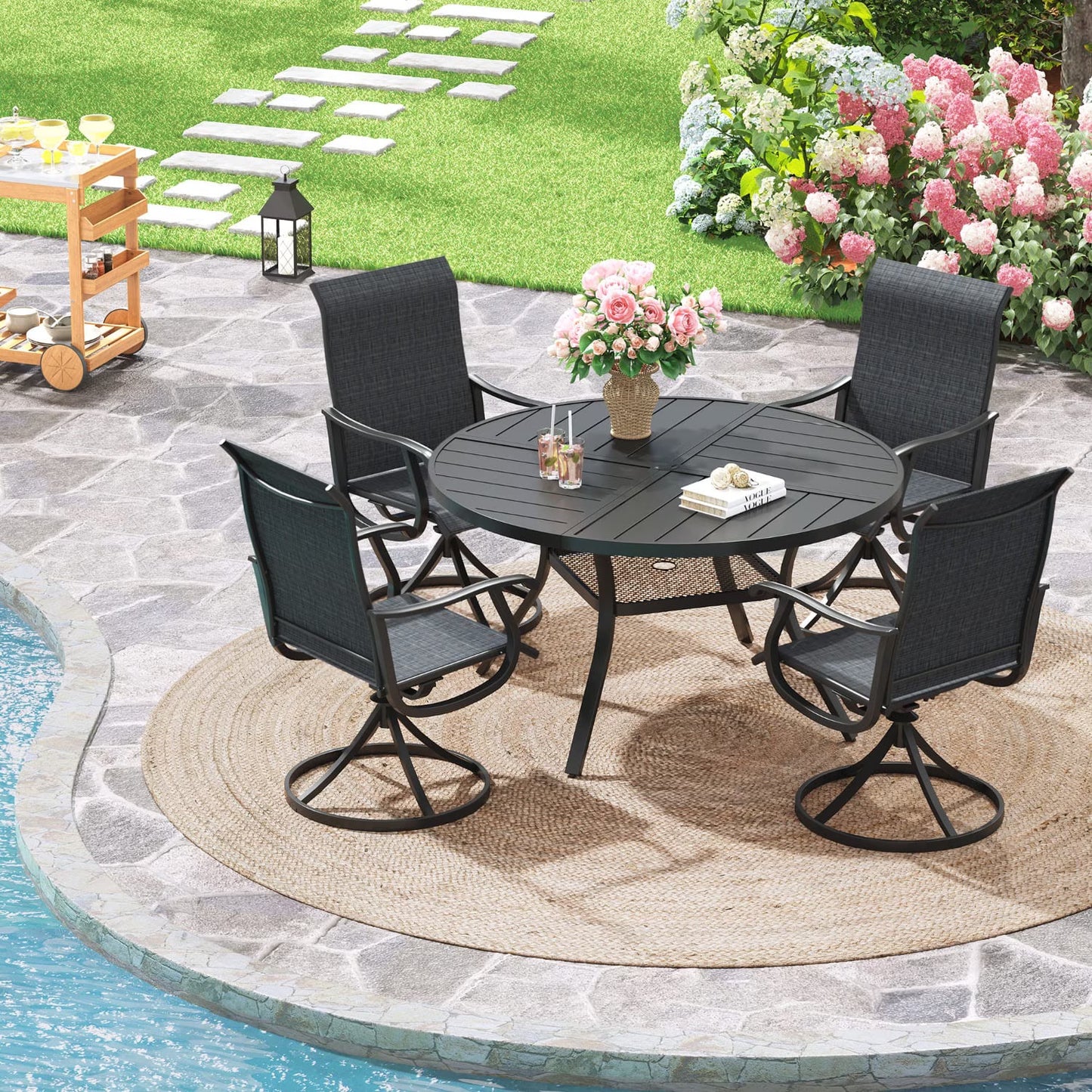 Vicllax Outdoor Outside Patio Dining Table Set, Round Metal Table with Umbrella Hole and 4 Chairs