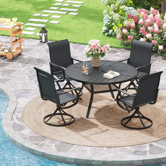 Vicllax Outdoor Outside Patio Dining Table Set, Round Metal Table with Umbrella Hole and 4 Chairs
