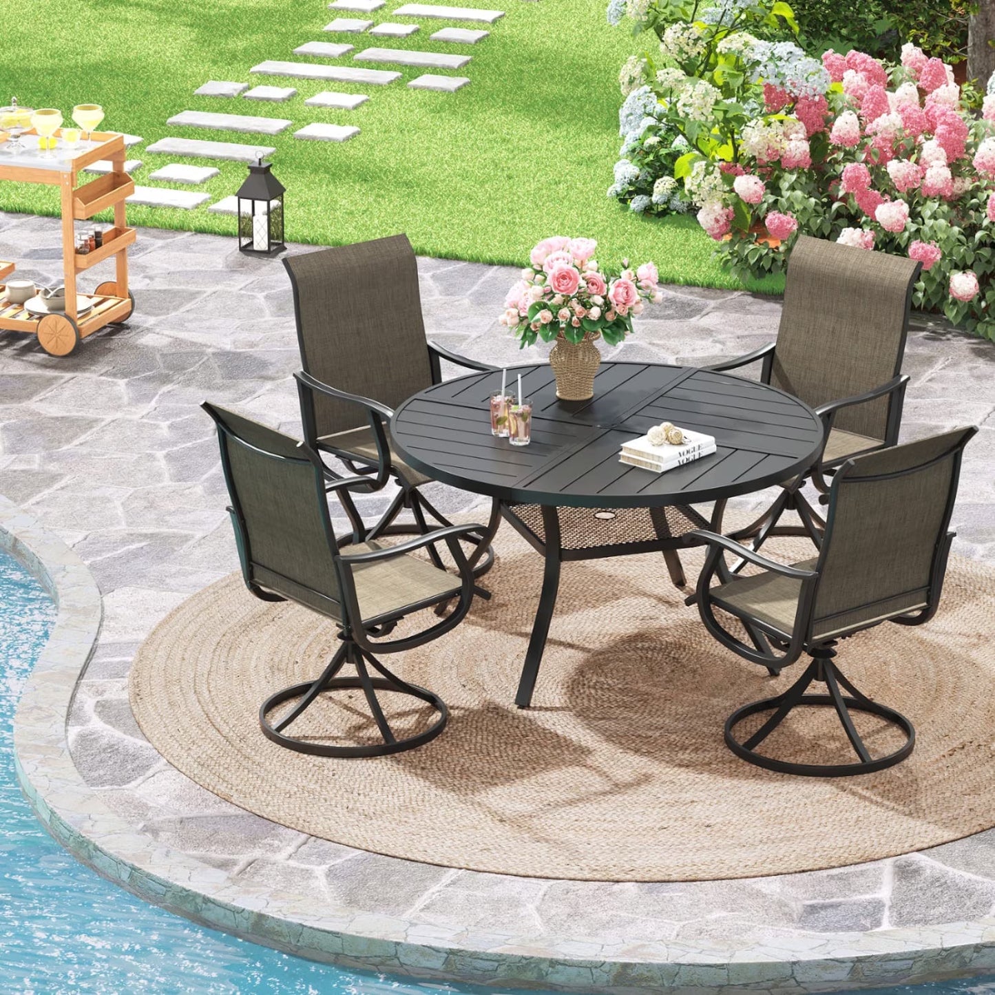 Vicllax Outdoor Outside Patio Dining Table Set, Round Metal Table with Umbrella Hole and 4 Chairs