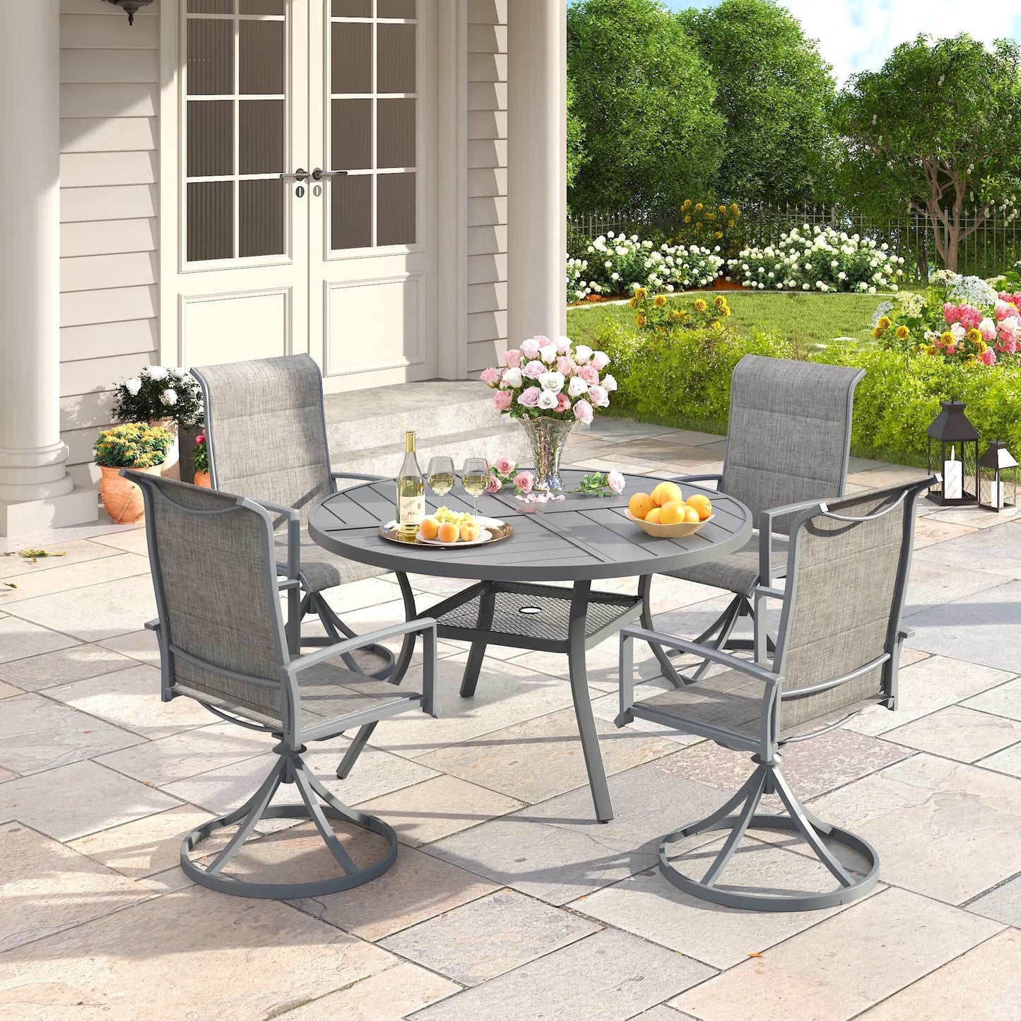 Vicllax outdoor set ,41"round with umbrella hole  table with 4 swivel chairs