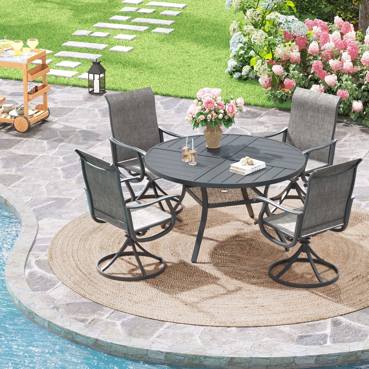 Vicllax Outdoor Outside Patio Dining Table Set, Round Metal Table with Umbrella Hole and 4 Chairs