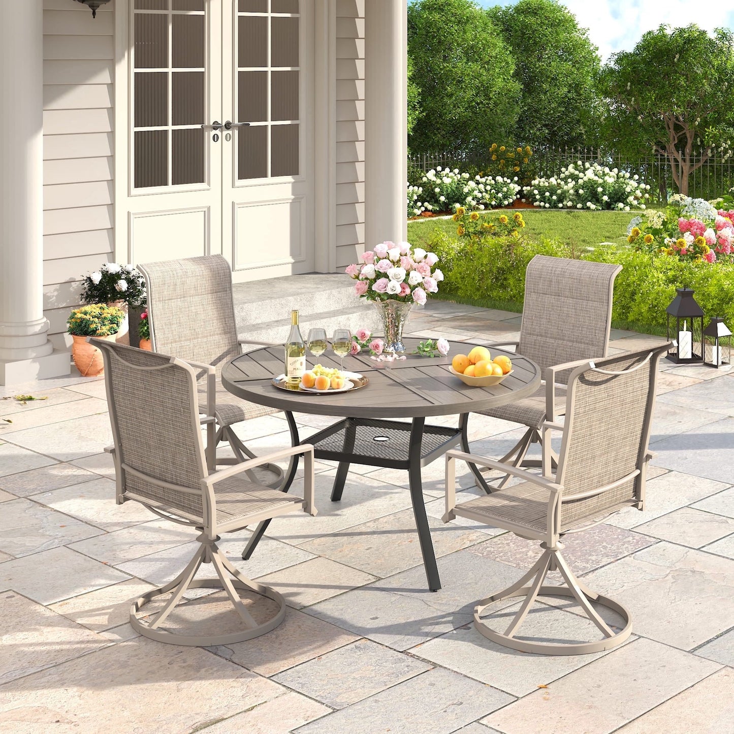 Vicllax outdoor set ,41"round with umbrella hole  table with 4 swivel chairs