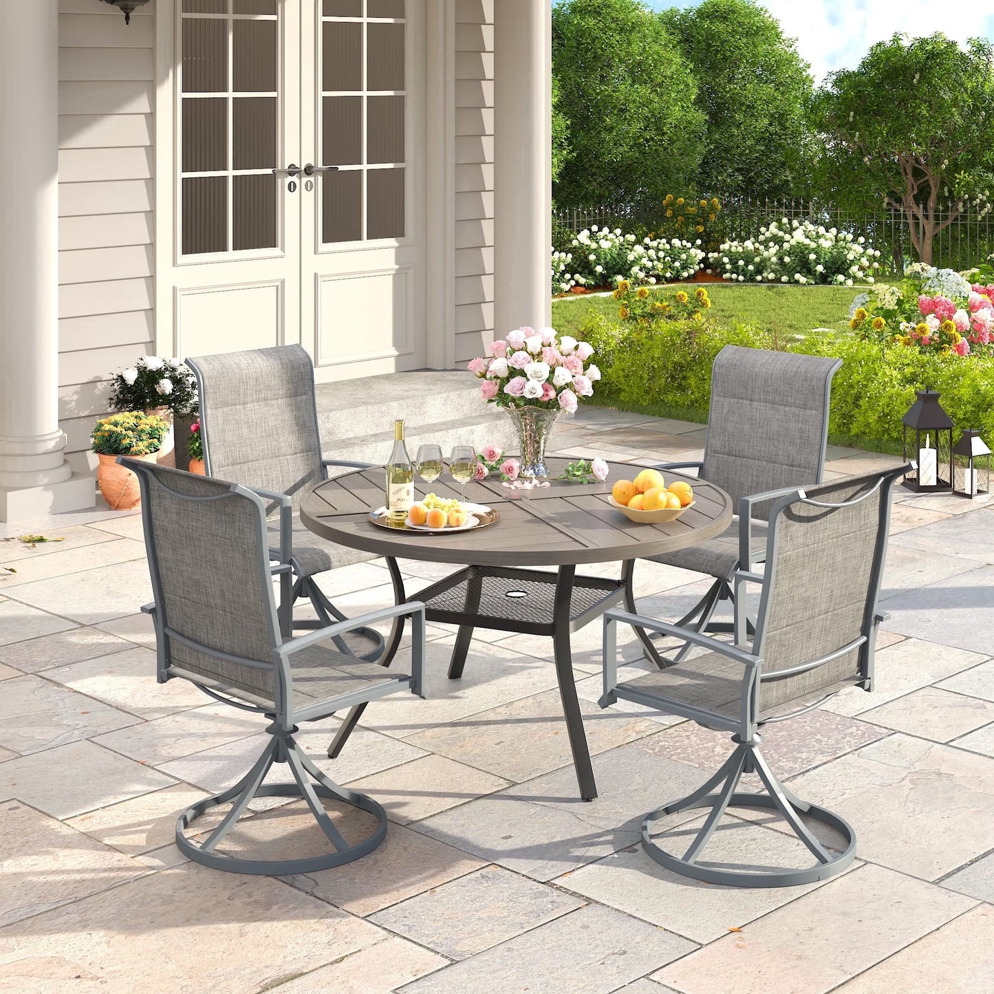 Vicllax outdoor set ,41"round with umbrella hole  table with 4 swivel chairs