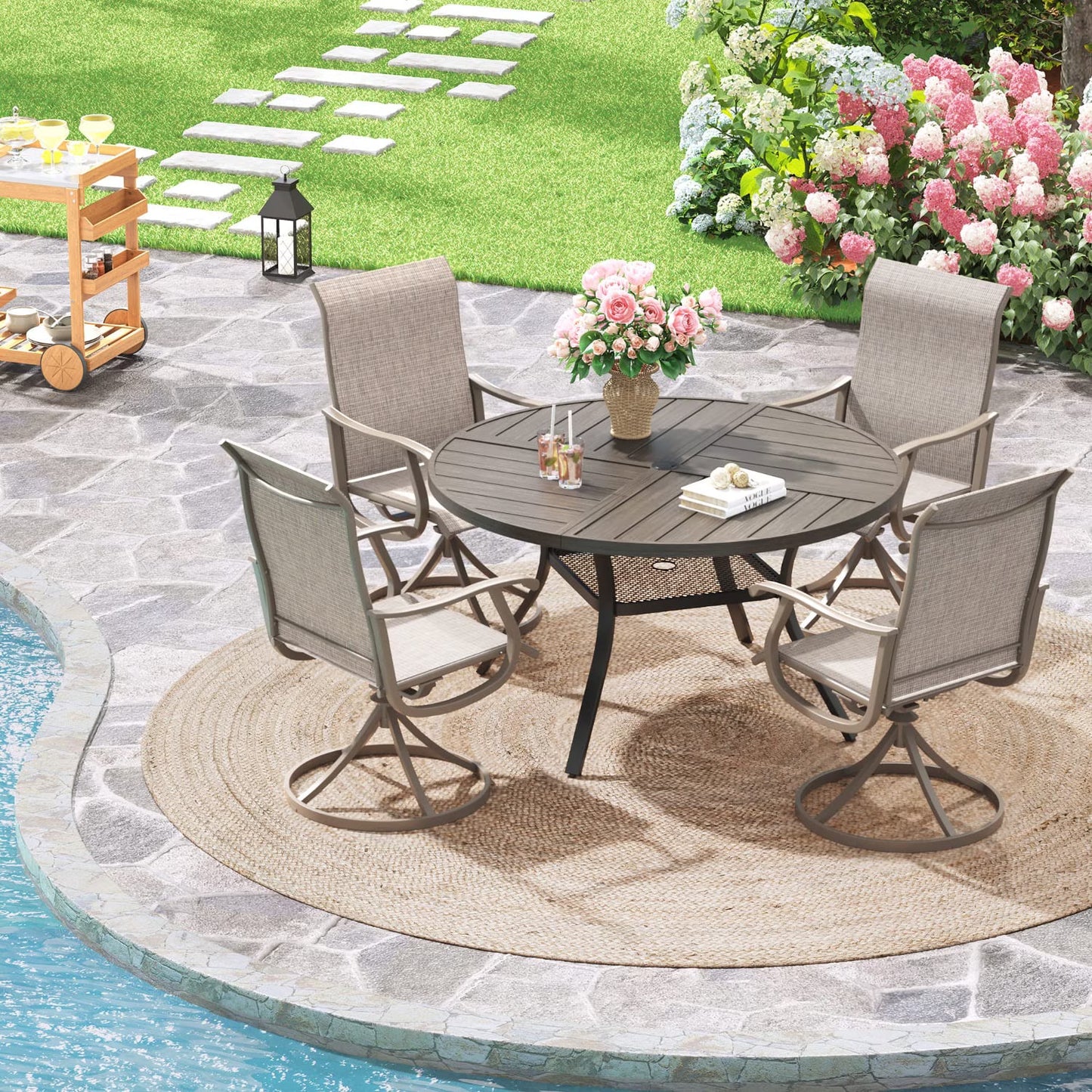 Vicllax Outdoor Outside Patio Dining Table Set, Round Metal Table with Umbrella Hole and 4 Chairs