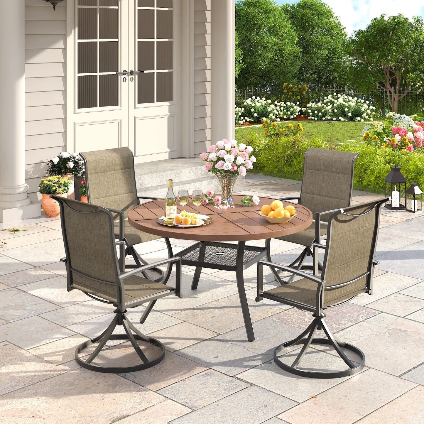 Vicllax outdoor set ,41"round with umbrella hole  table with 4 swivel chairs