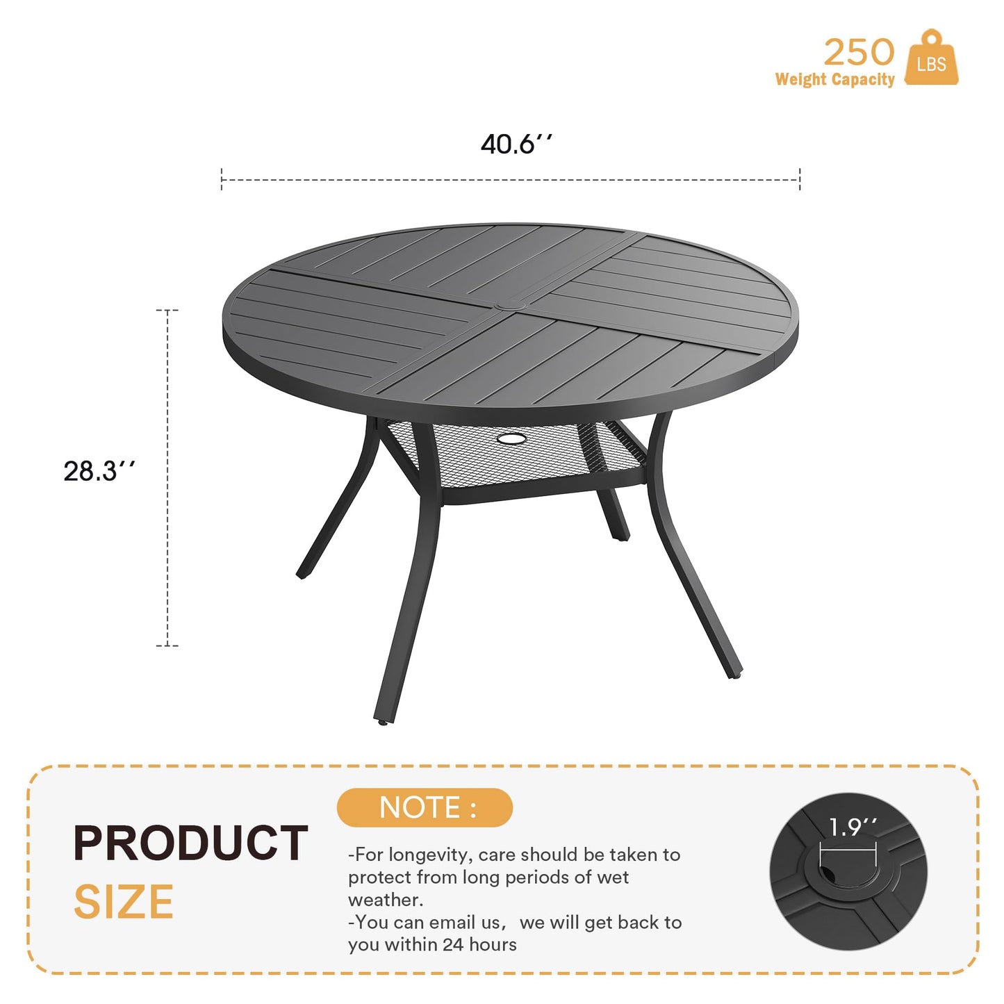 VICLLAX Round Patio Table with Adjustable Umbrella Hole for 4, All Weather Metal Outdoor Dining Table for Lawn Garden, 40.6" Outdoor Coffee Table, Black Tabletop