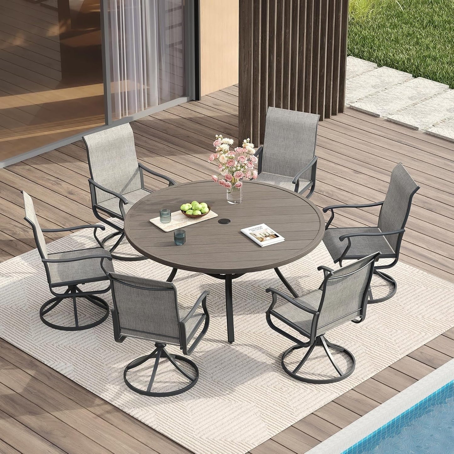Vicllax Outdoor Patio Dining Set Metal Swivel Chairs & Round Steel Table with Umbrella Hole