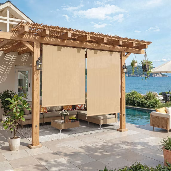 Vicllax 4'Wx6'H Outdoor Roller Shades Blinds for Patio Porch Crank Operation Sun Blocking, Wheat