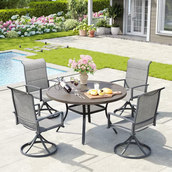 Vicllax 5-Piece Round Patio Dining Set, 41" Round Outdoor Table with Umbrella Hole and 4 Padded Swivel Chairs for Lawn, Garden, Graywood & Gray