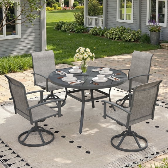 Vicllax Outdoor Outside Patio Dining set,  Round Metal Table with Umbrella Hole for Deck, Black