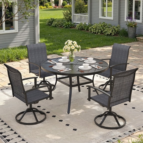Vicllax Outdoor Outside Patio Dining set,  Round Metal Table with Umbrella Hole for Deck, Black