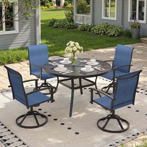 Vicllax Outdoor Outside Patio Dining set,  Round Metal Table with Umbrella Hole for Deck, Black
