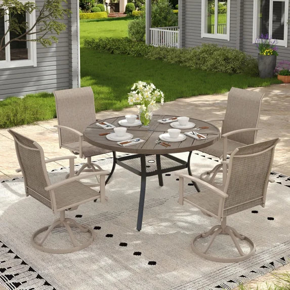 Vicllax Outdoor Outside Patio Dining set,  Round Metal Table with Umbrella Hole for Deck, Black