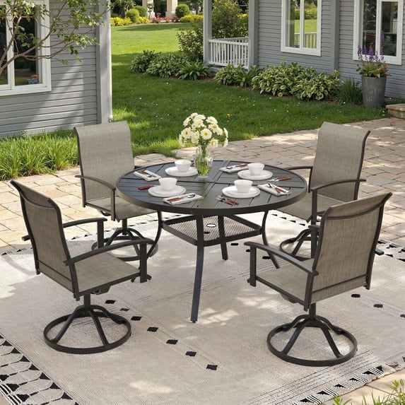 Vicllax Outdoor Outside Patio Dining set,  Round Metal Table with Umbrella Hole for Deck, Black