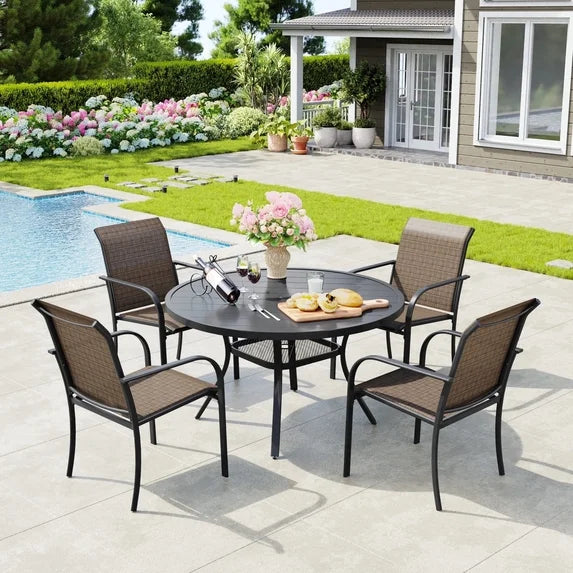 Vicllax Outdoor Outside Patio Dining set,  Round Metal Table with Umbrella Hole for Deck, Black
