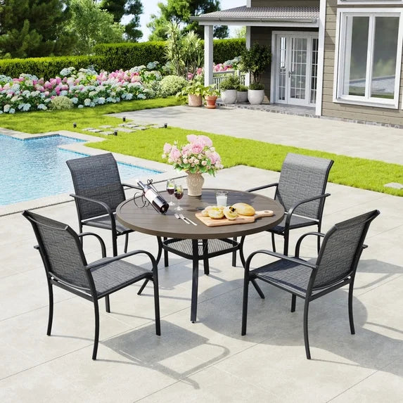 Vicllax Outdoor Outside Patio Dining set,  Round Metal Table with Umbrella Hole for Deck, Black
