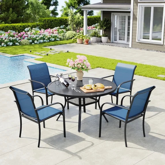 Vicllax Outdoor Outside Patio Dining set,  Round Metal Table with Umbrella Hole for Deck, Black
